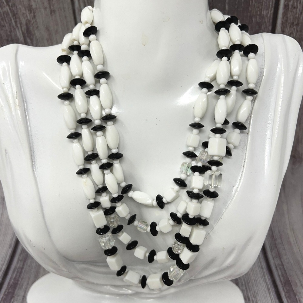 Vintage Four Strand Necklace White Black Clear Acrylic Beads Made in Japan
